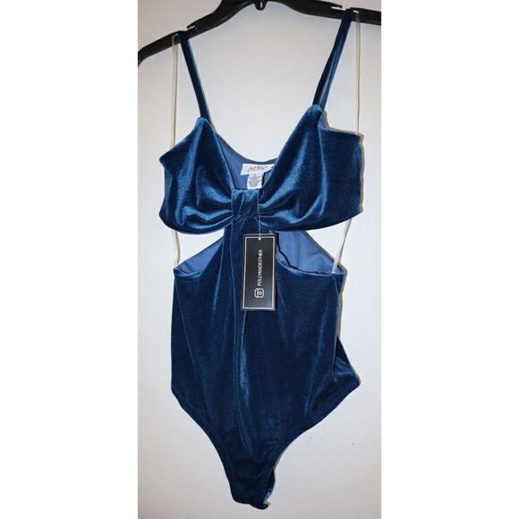 Just Polly JK11705-MA Juniors Sz M Blue Velvet Side Cutout Bodysuit - Picture 1 of 5